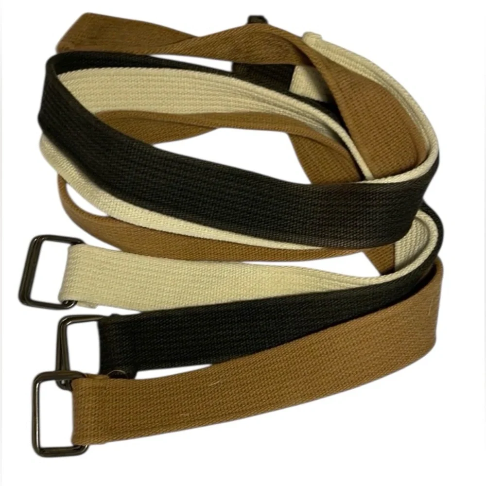 Set of three cotton woven adjustable belts. Brown, Black and Cream/off‎ white.